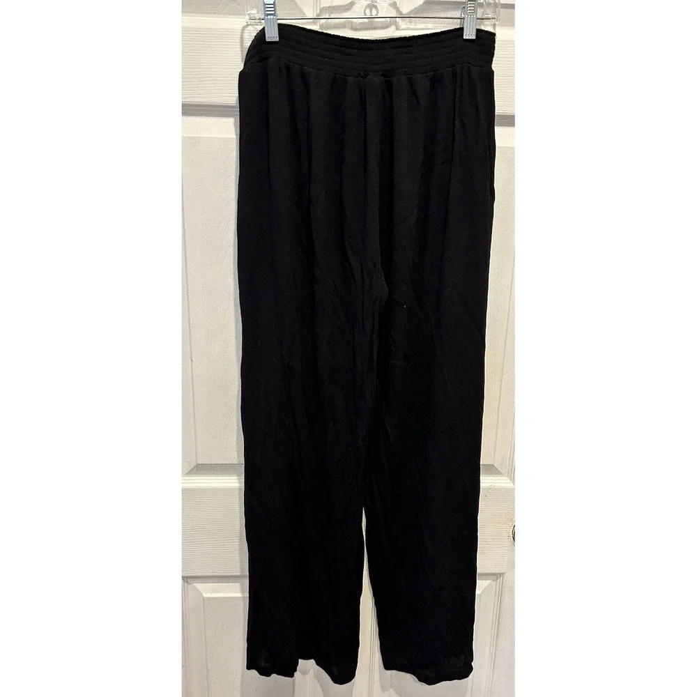 Kona Sol Black Wide Leg Swim Cover Up Pants Side Slit Smocked Waist Large Resort